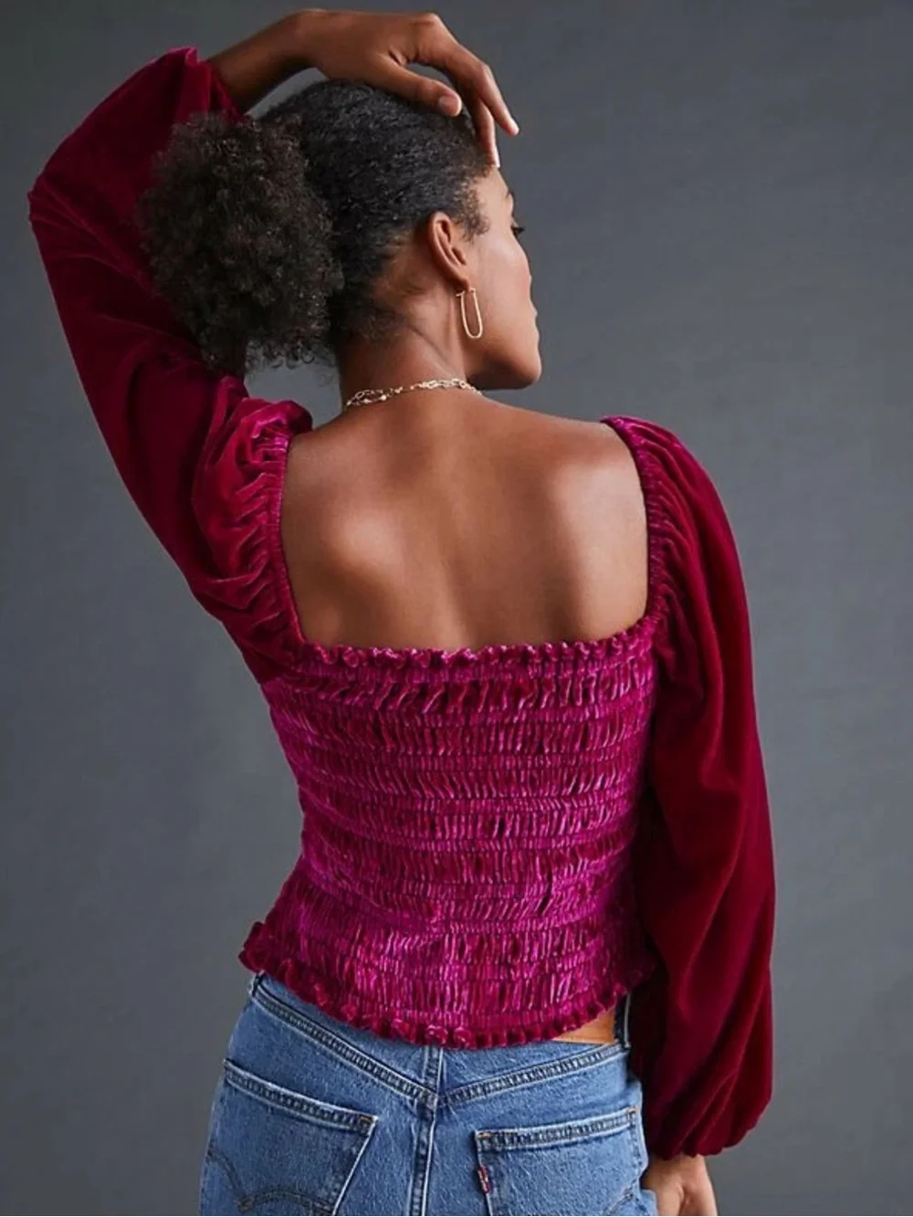 Anthropologie Velvet Smocked Peasant Sleeve Top in Magenta
